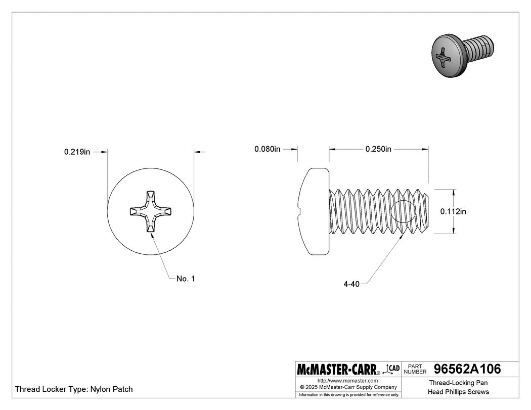 Technical Drawing of Thread-Locking Pan Head Phillips Screws, 4-40 Thread Size, 1/4" Long.